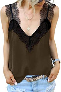 Women's V Neck Lace Strappy Cami Tank Tops Casual Loose Sleeveless